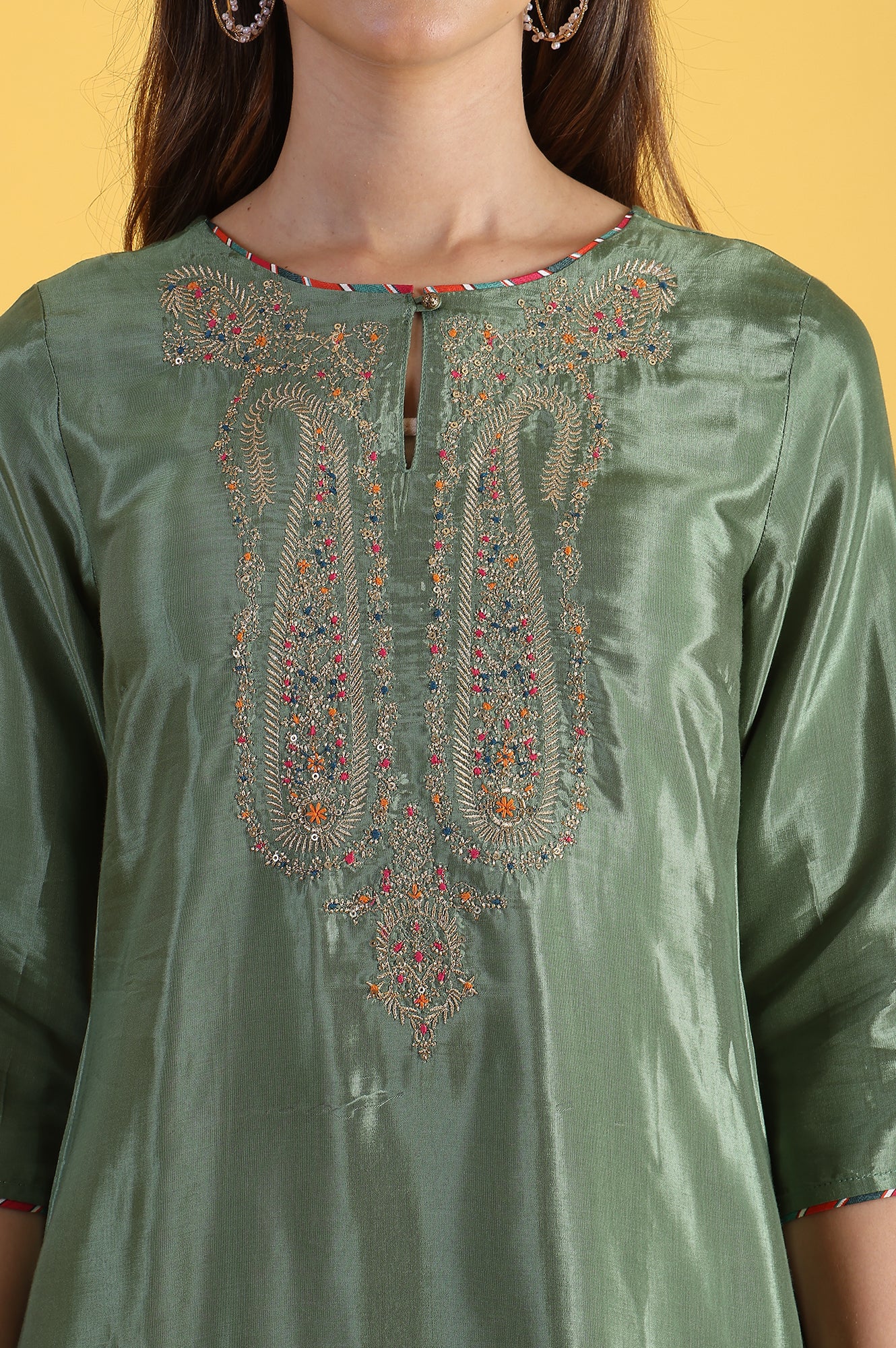 Light Green Embroidered Shantung Straight Kurta and Pants Set