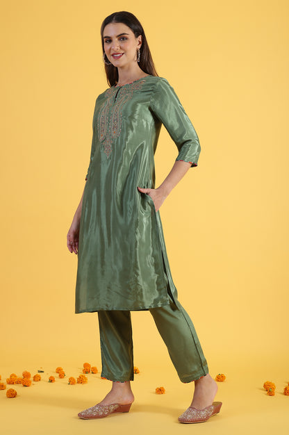 Light Green Embroidered Shantung Straight Kurta and Pants Set