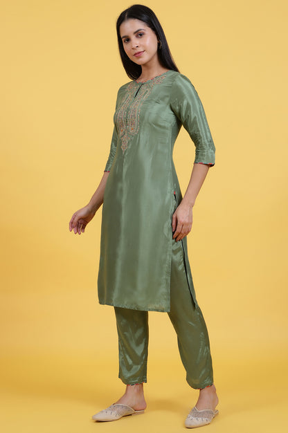 Light Green Embroidered Shantung Straight Kurta and Pants Set