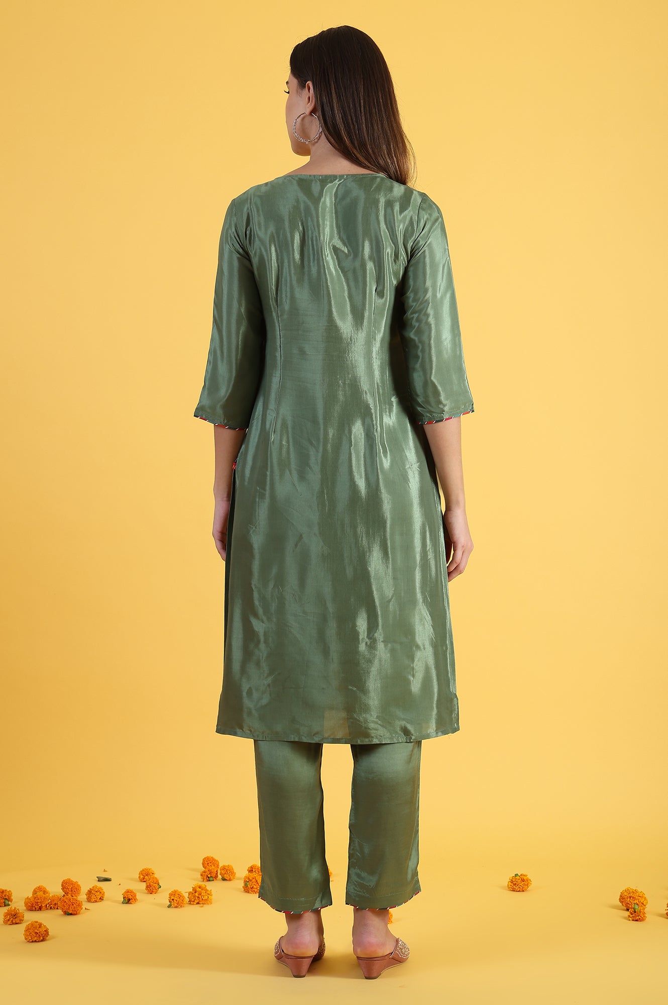 Light Green Embroidered Shantung Straight Kurta and Pants Set