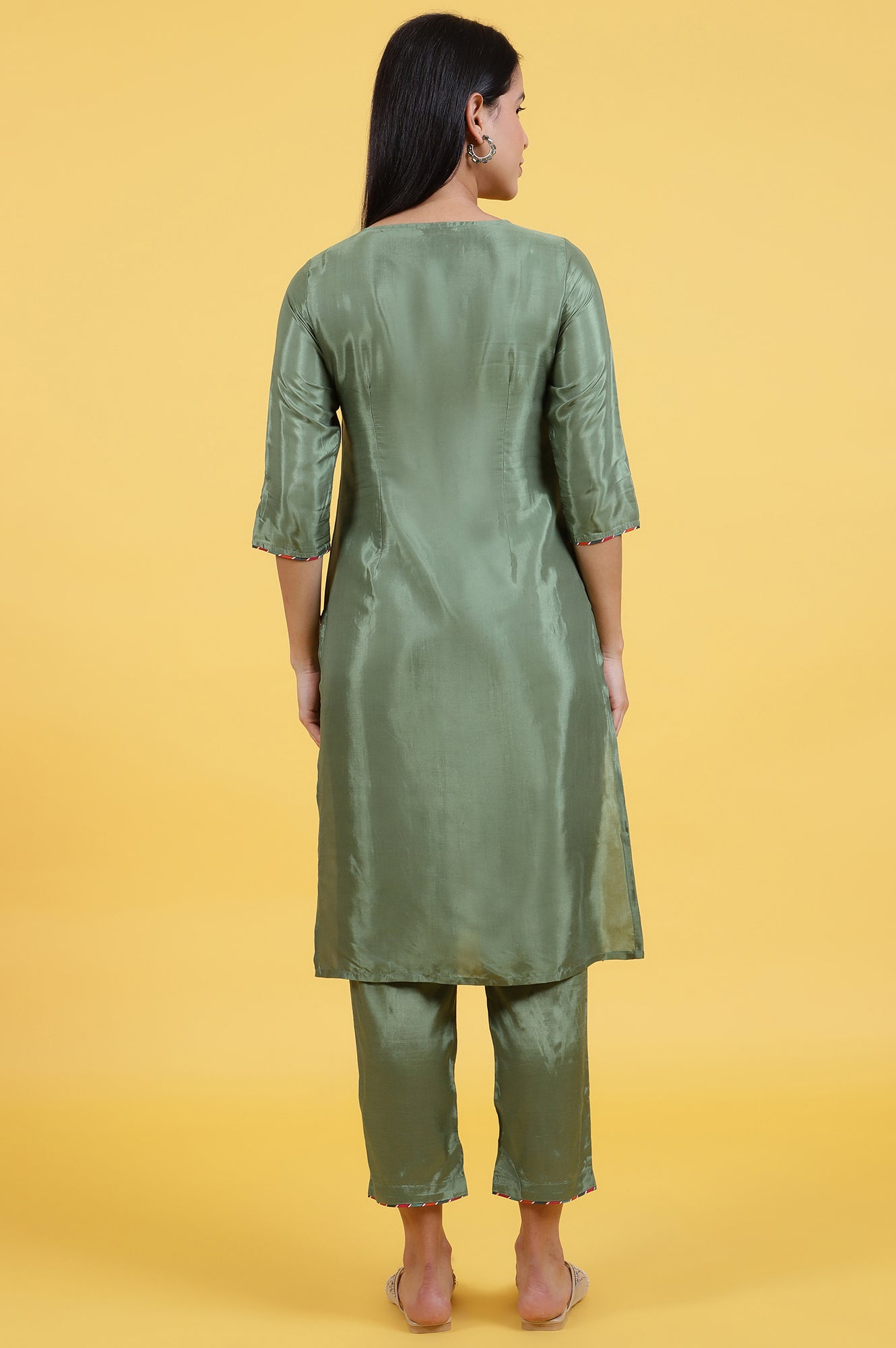 Light Green Embroidered Shantung Straight Kurta and Pants Set