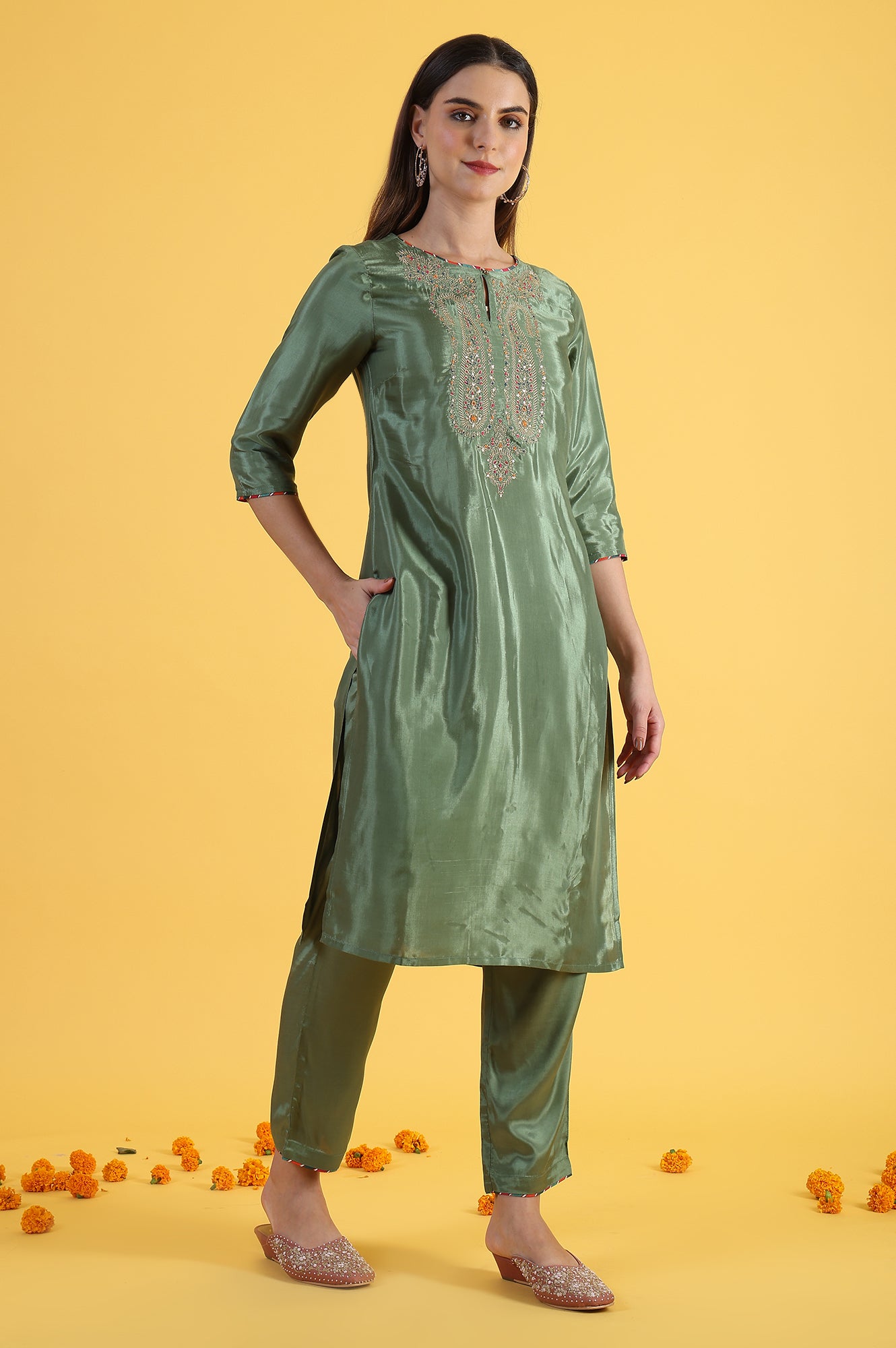 Light Green Embroidered Shantung Straight Kurta and Pants Set