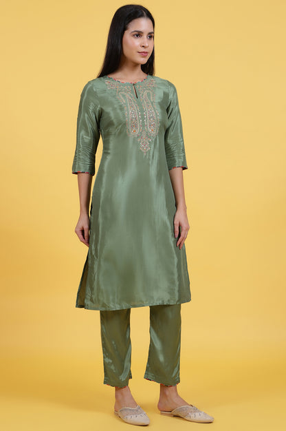 Light Green Embroidered Shantung Straight Kurta and Pants Set