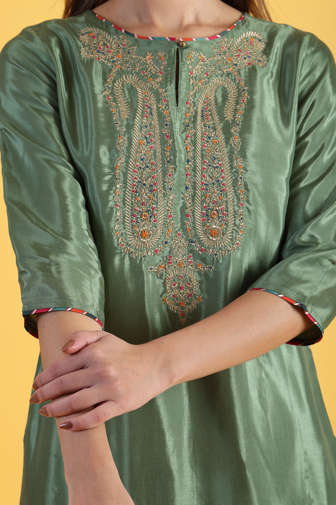 Light Green Embroidered Shantung Straight Kurta and Pants Set