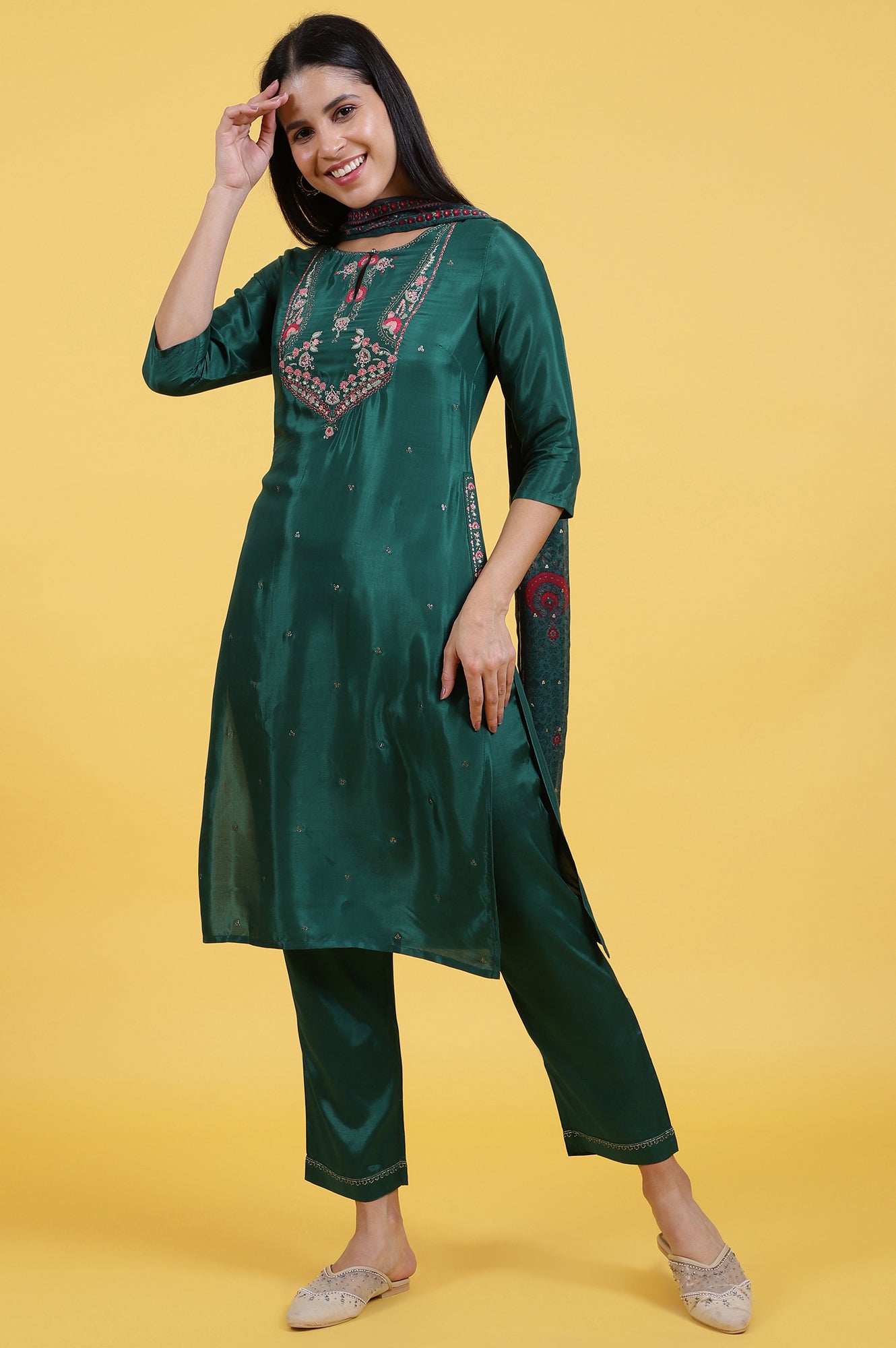 Green Thread Embroidered Straight Kurta and Pants Set with Dupatta