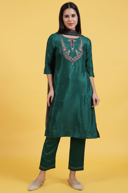 Green Thread Embroidered Straight Kurta and Pants Set with Dupatta