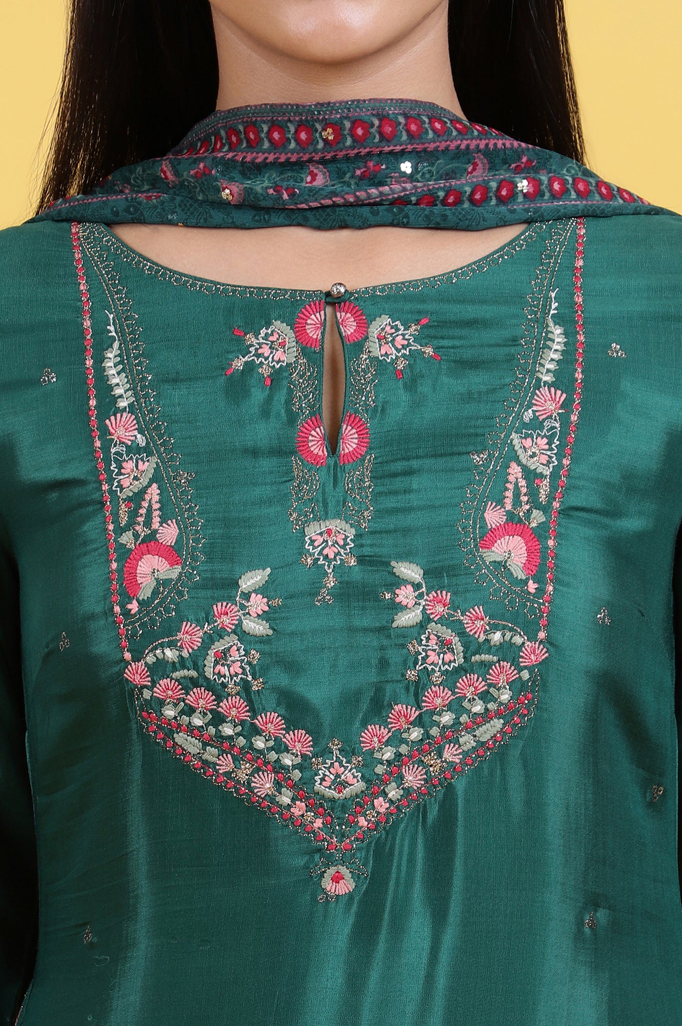 Green Thread Embroidered Straight Kurta and Pants Set with Dupatta