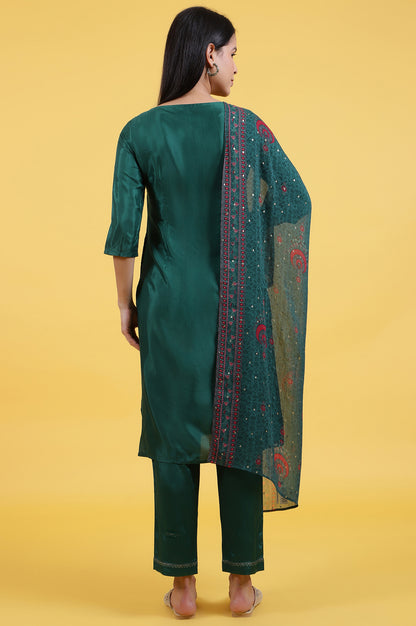 Green Thread Embroidered Straight Kurta and Pants Set with Dupatta