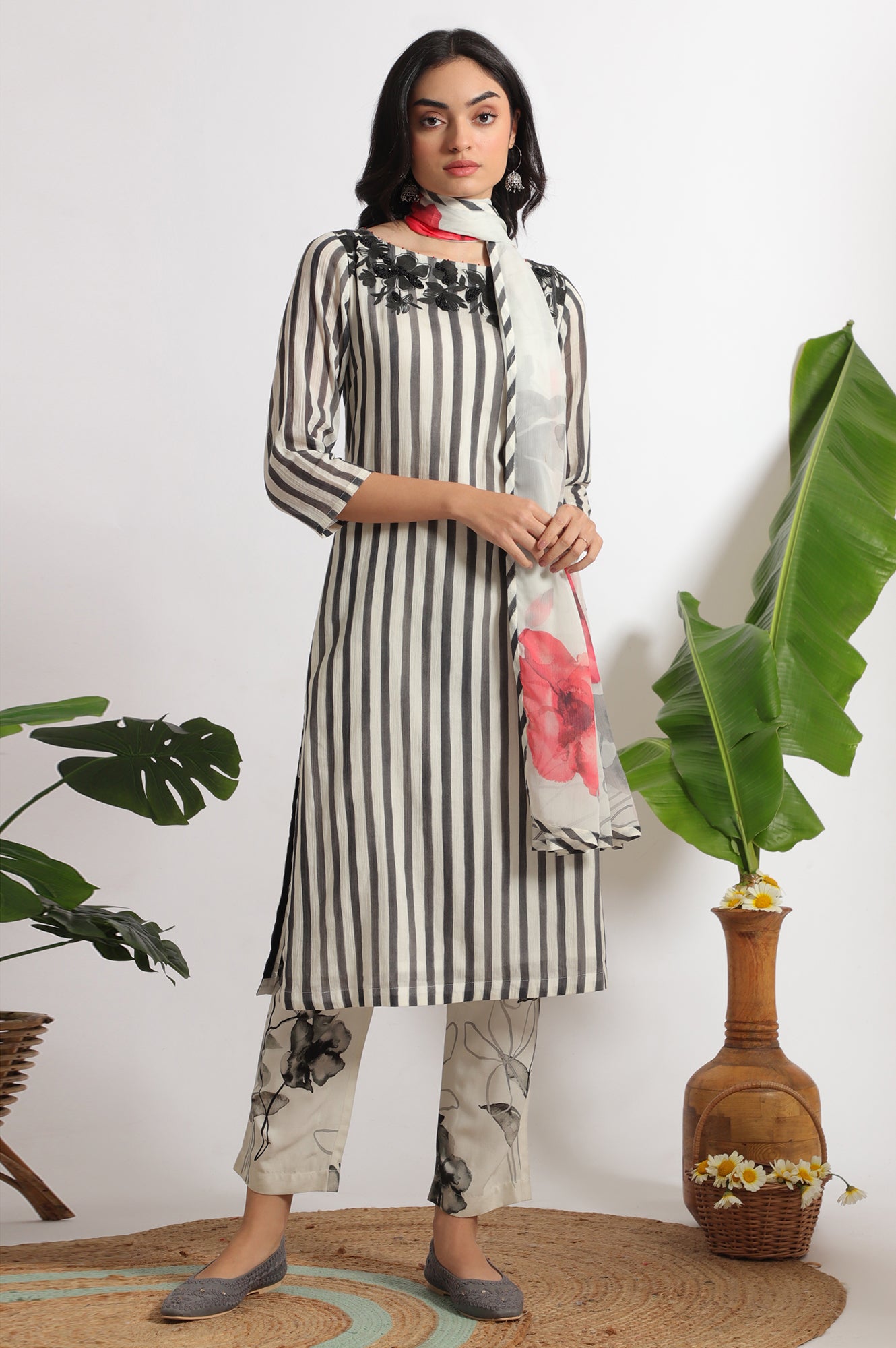 White and Black Embroidered Striped Cotton Crepe Kurta and Straight Pants and Dupatta Set