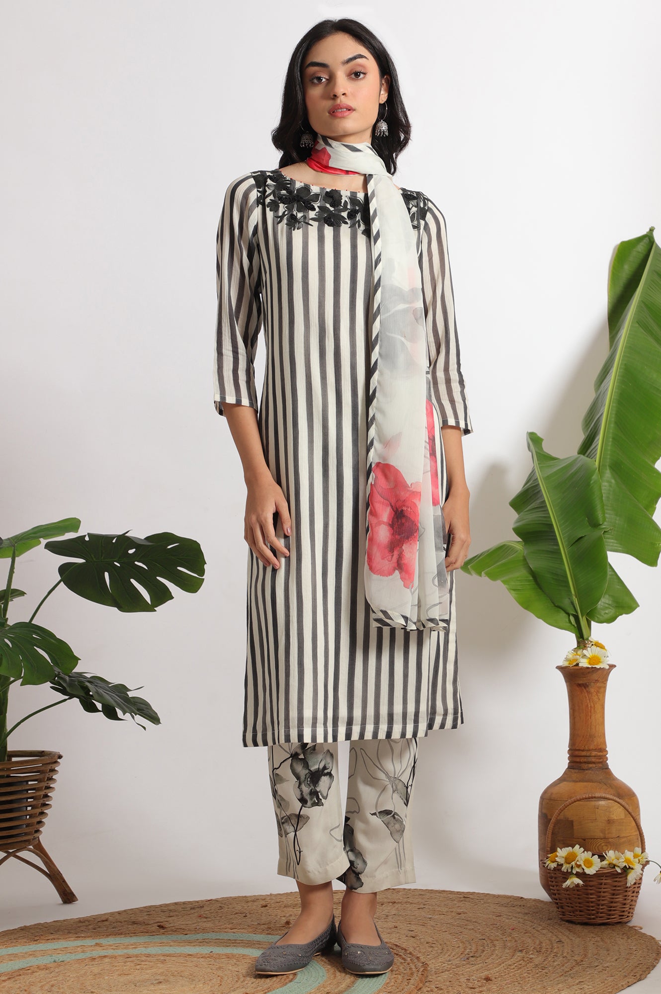 White and Black Embroidered Striped Cotton Crepe Kurta and Straight Pants and Dupatta Set
