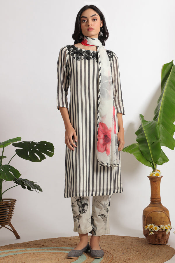 White and Black Embroidered Striped Cotton Crepe Kurta and Straight Pants and Dupatta Set