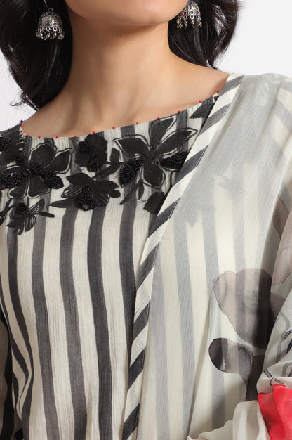 White and Black Embroidered Striped Cotton Crepe Kurta and Straight Pants and Dupatta Set