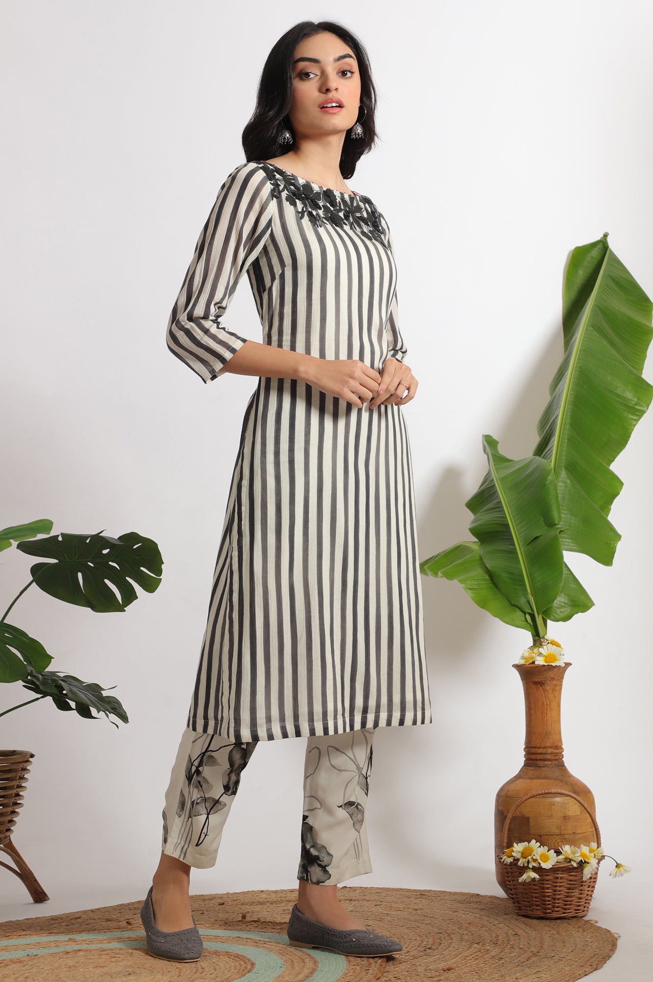 White and Black Embroidered Striped Cotton Crepe Kurta and Straight Pants and Dupatta Set