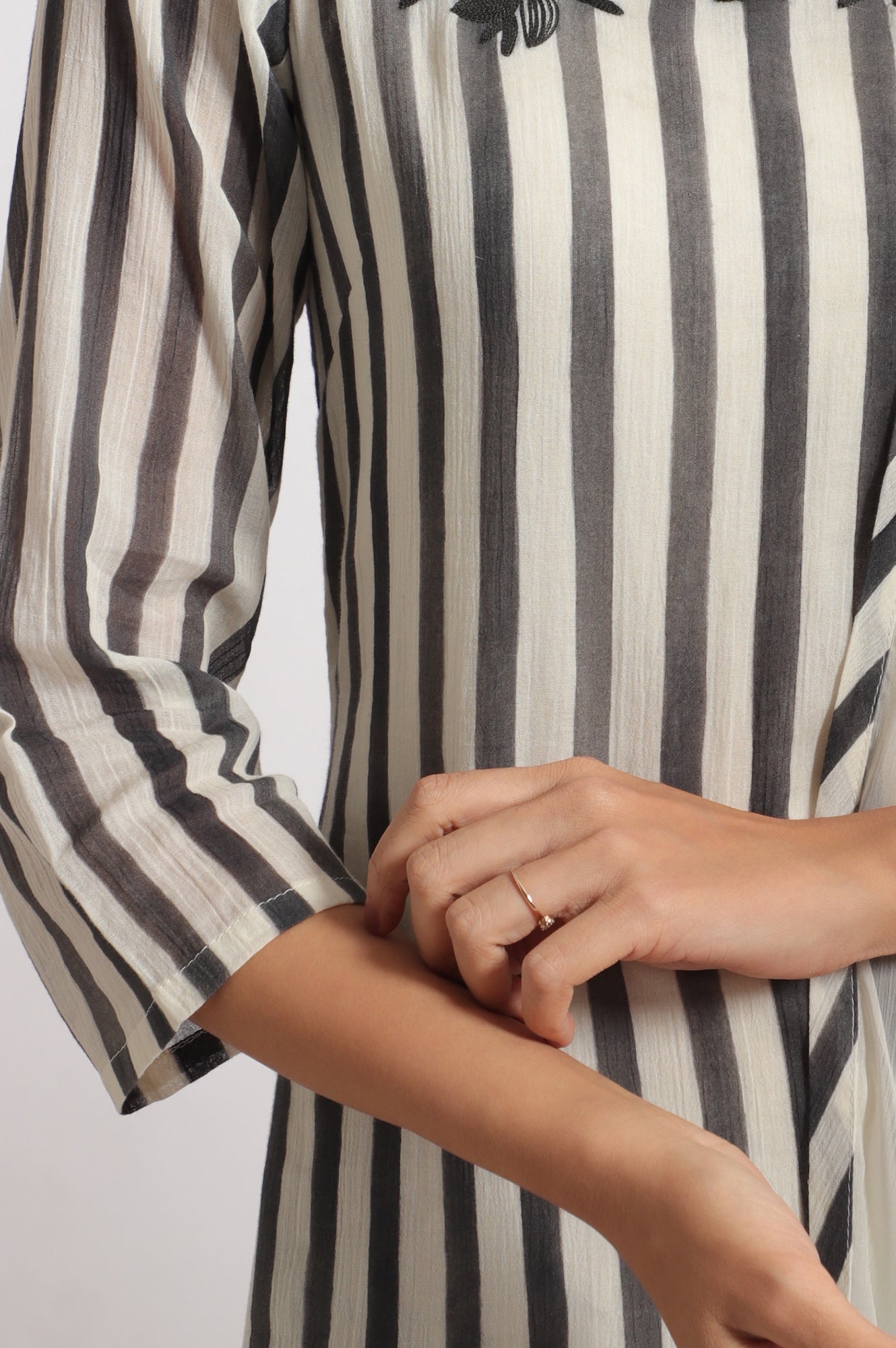 White and Black Embroidered Striped Cotton Crepe Kurta and Straight Pants and Dupatta Set