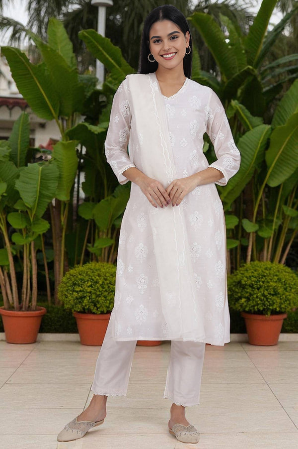 White Embroidered Lace Chanderi Straight Kurta & Straight Pant With Dupatta Set