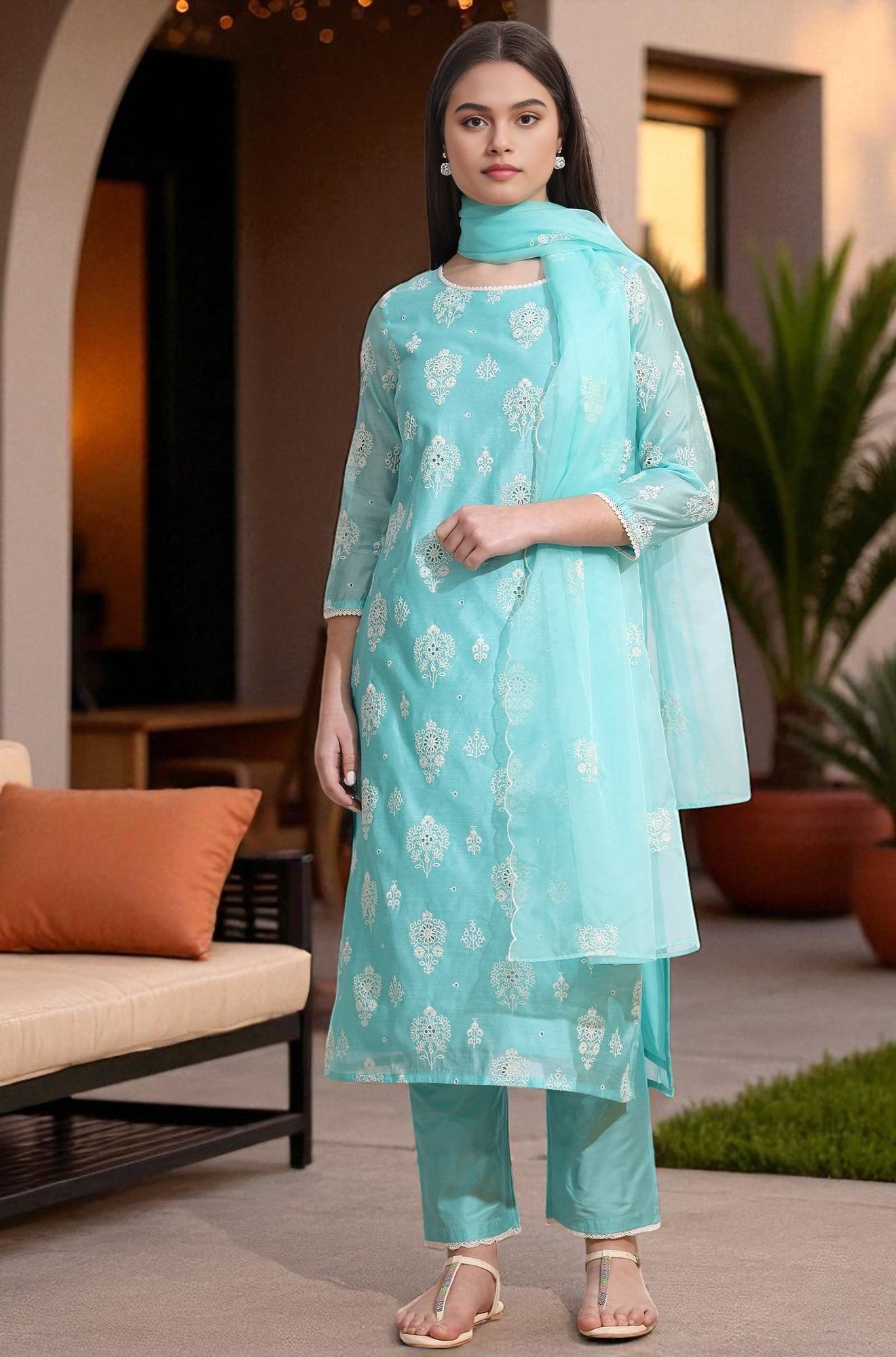Turquiose Blue Schiffli Embroidered Straight Kurta, Pants and Dupatta Set