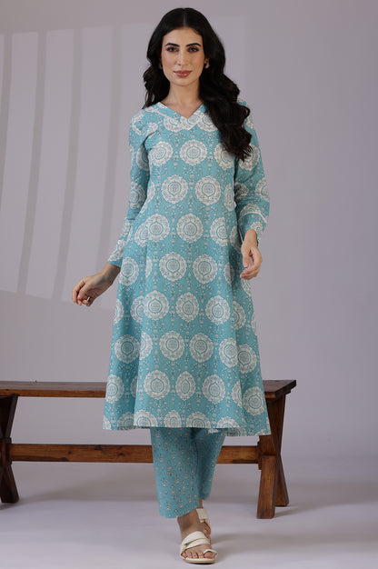 Blue Floral Printed A-line Pure Cotton Kurta and Pants Co-ord Set