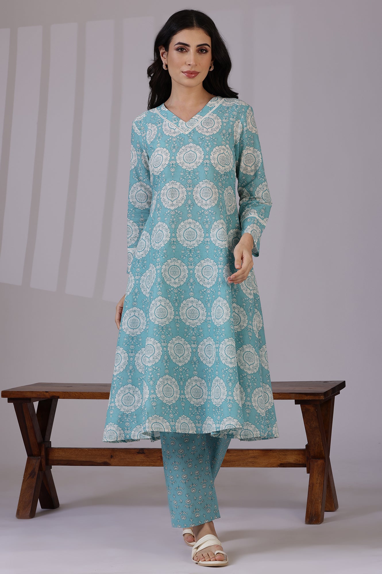 Blue Floral Printed A-line Pure Cotton Kurta and Pants Co-ord Set