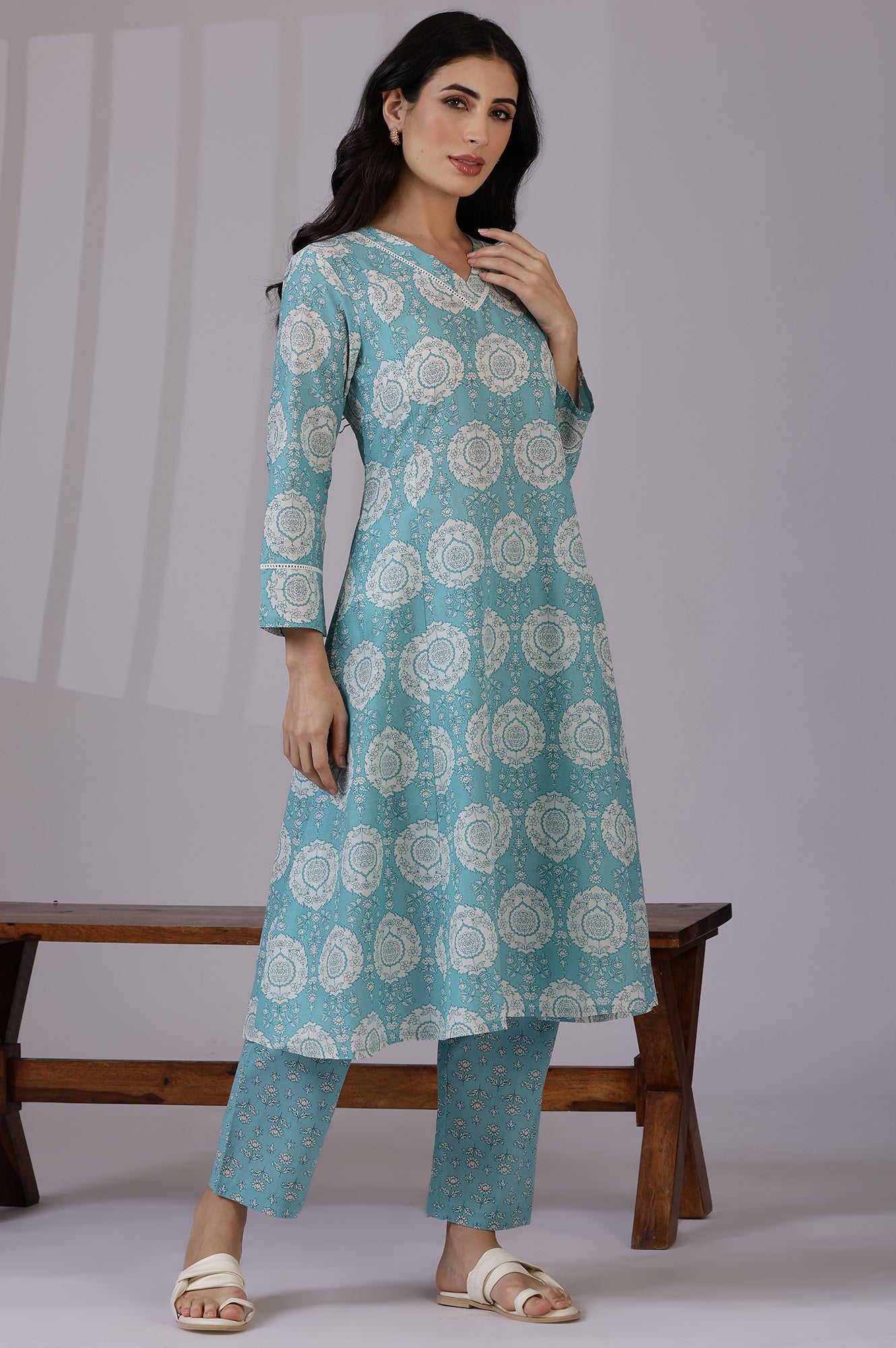 Blue Floral Printed A-line Pure Cotton Kurta and Pants Co-ord Set