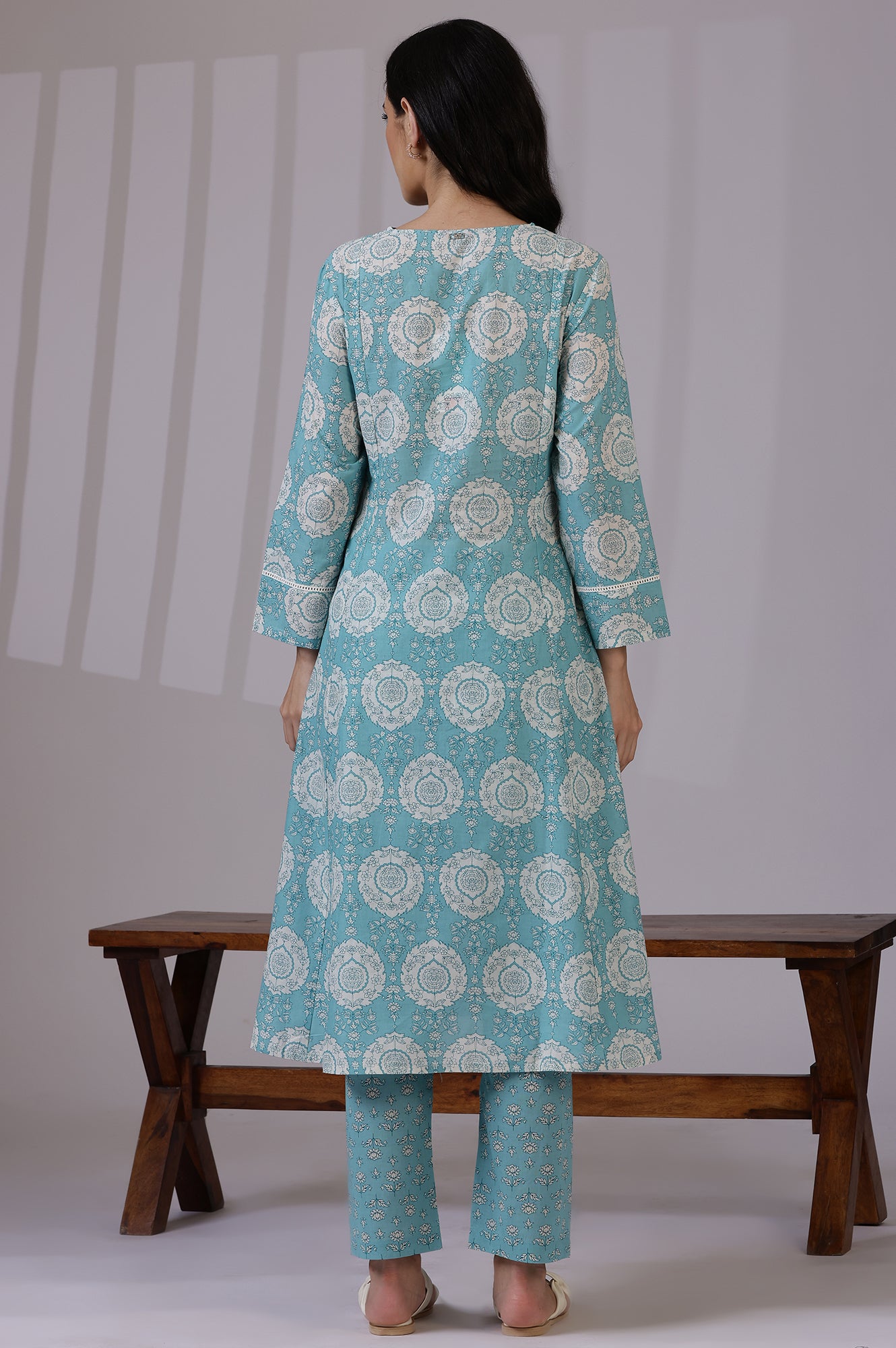 Blue Floral Printed A-line Pure Cotton Kurta and Pants Co-ord Set