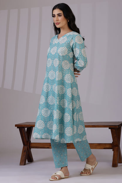 Blue Floral Printed A-line Pure Cotton Kurta and Pants Co-ord Set