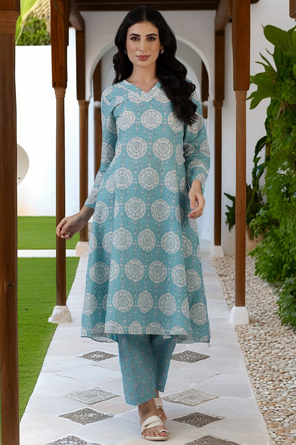 Blue Floral Printed A-line Pure Cotton Kurta and Pants Co-ord Set