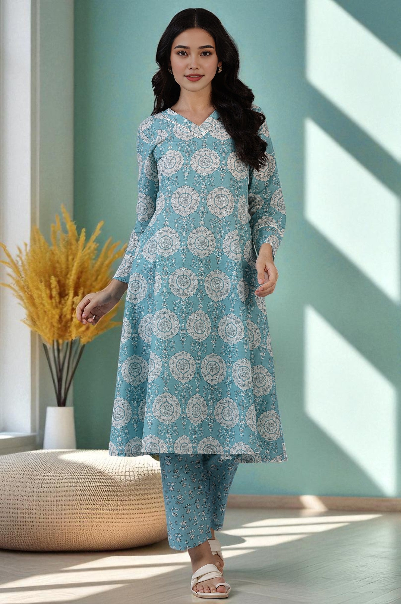 Blue Floral Printed A-line Pure Cotton Kurta and Pants Co-ord Set