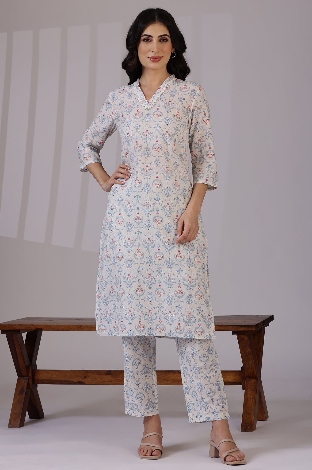 Off-White Floral Printed Pure Cotton Straight Kurta and Pants Co-ord Set