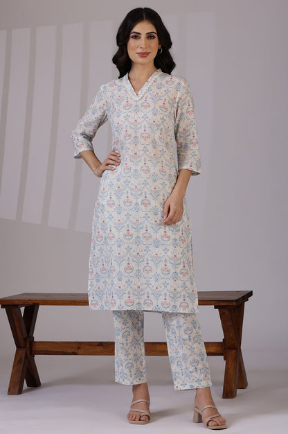 Off-White Floral Printed Pure Cotton Straight Kurta and Pants Co-ord Set