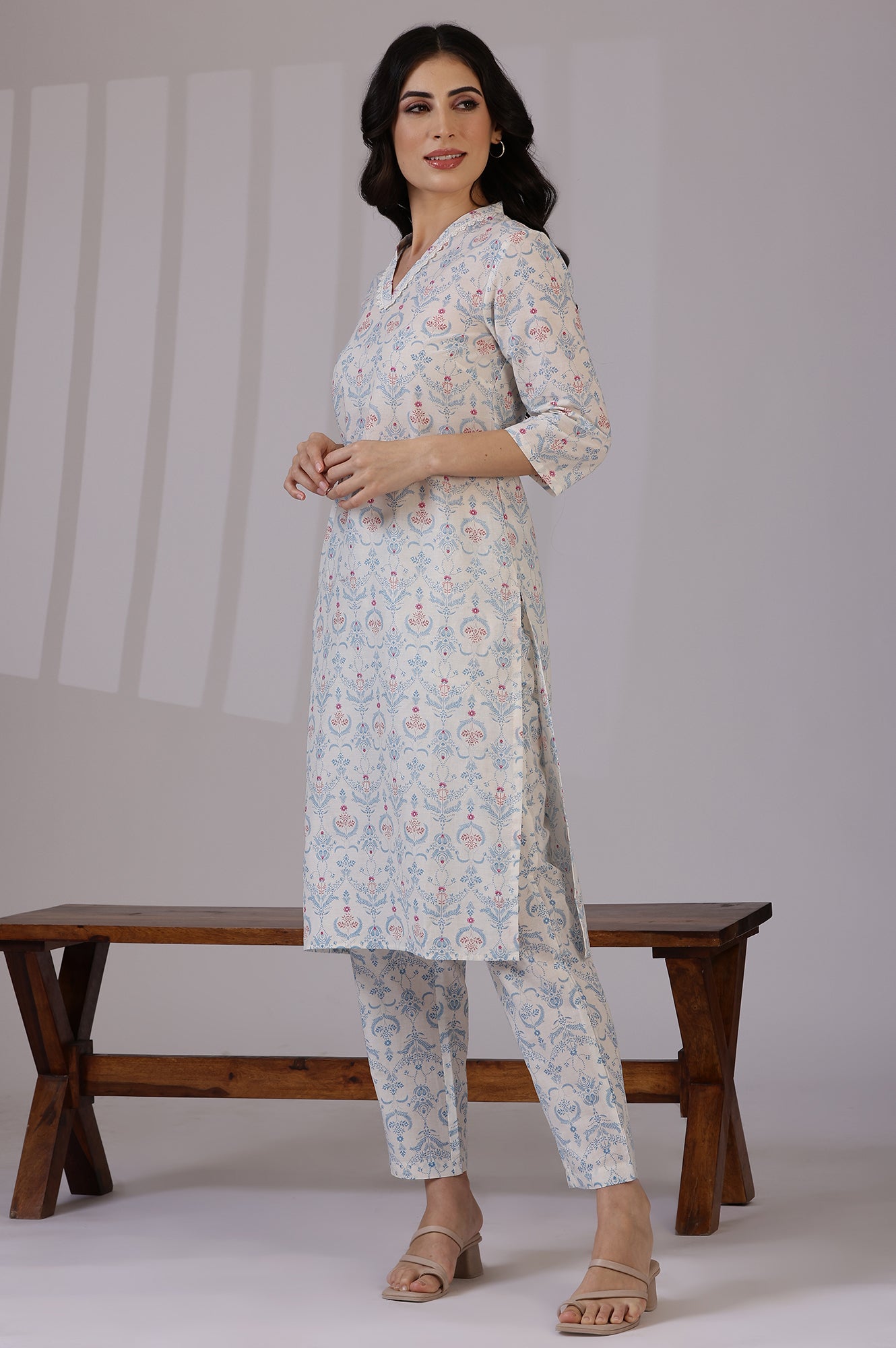 Off-White Floral Printed Pure Cotton Straight Kurta and Pants Co-ord Set