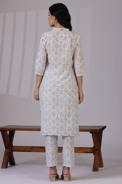 Off-White Floral Printed Pure Cotton Straight Kurta and Pants Co-ord Set