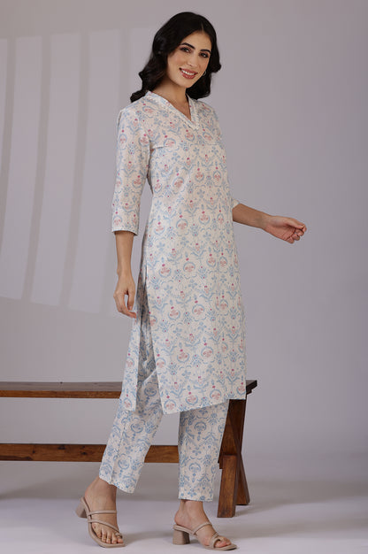 Off-White Floral Printed Pure Cotton Straight Kurta and Pants Co-ord Set