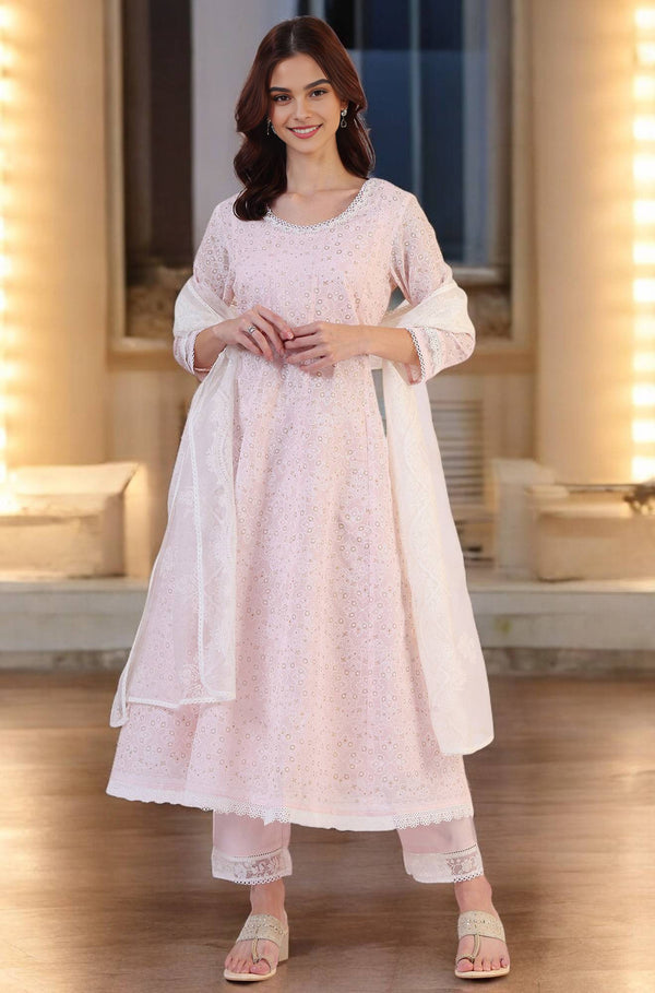 Pink Geometric Printed Anarkali Kota Kurta & Straight Pant With Dupatta Set