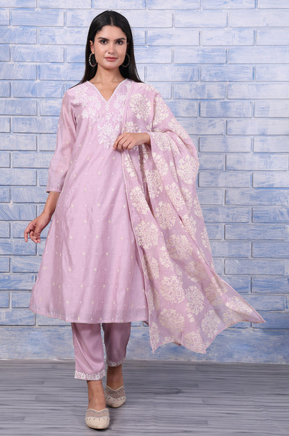 Purple Thread Embroidered Chanderi A-Line Kurta, Straight Pant And Dupatta Set