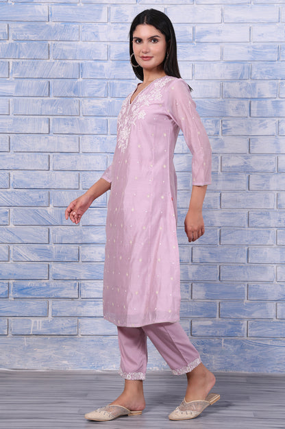 Purple Thread Embroidered Chanderi A-Line Kurta, Straight Pant And Dupatta Set