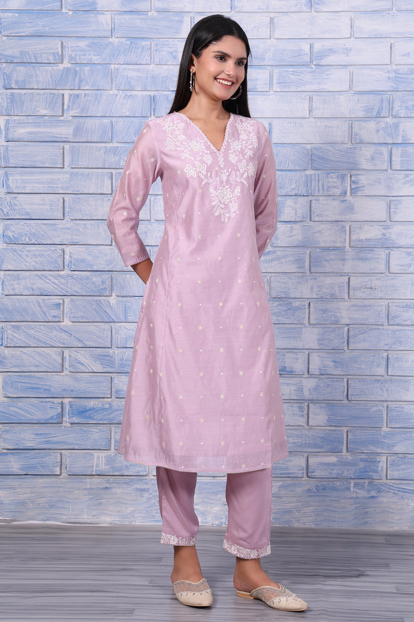 Purple Thread Embroidered Chanderi A-Line Kurta, Straight Pant And Dupatta Set