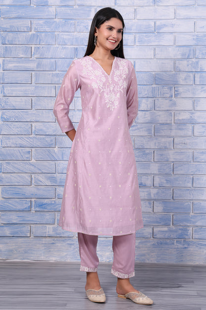 Purple Thread Embroidered Chanderi A-Line Kurta, Straight Pant And Dupatta Set