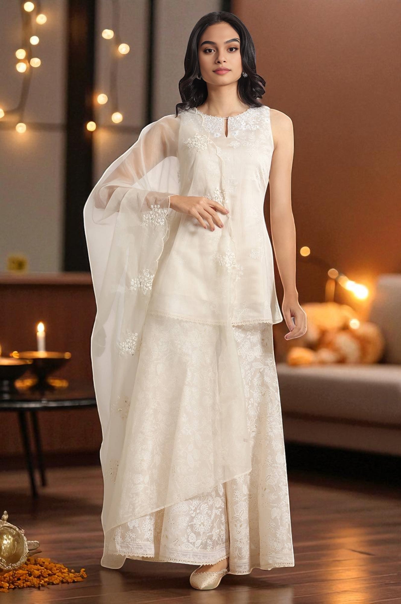 White Printed Chanderi Short Kurta, Sharara and Dupatta Set