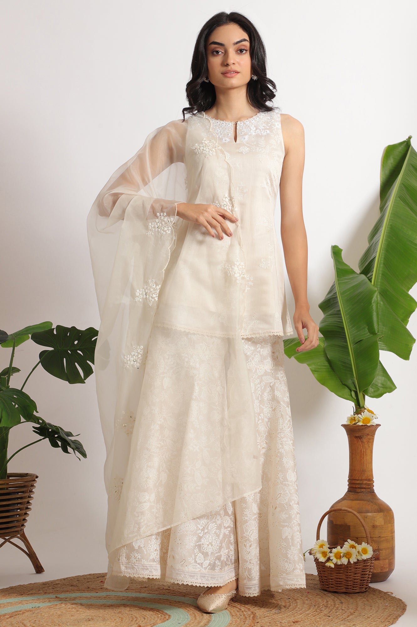White Printed Chanderi Short Kurta, Sharara and Dupatta Set