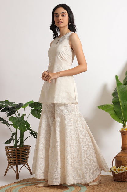 White Printed Chanderi Short Kurta, Sharara and Dupatta Set