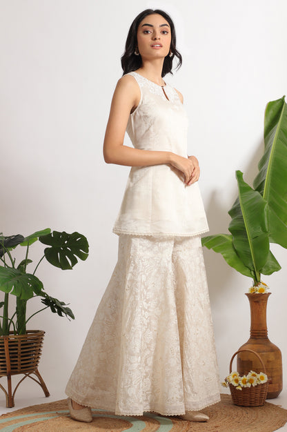 White Printed Chanderi Short Kurta, Sharara and Dupatta Set