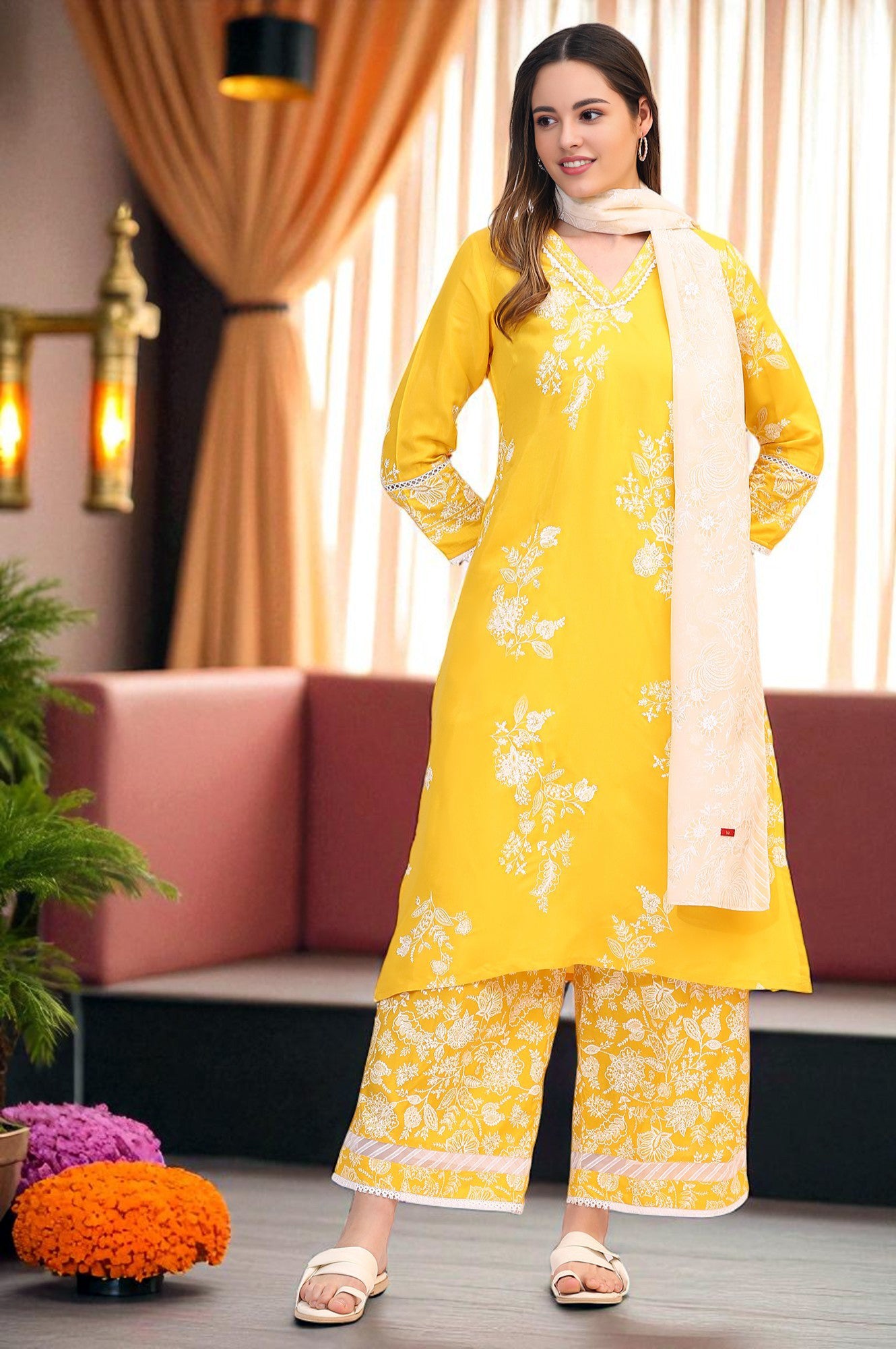Navy Blue Embroidered Shantung Kurta, Pants and Dupatta Set