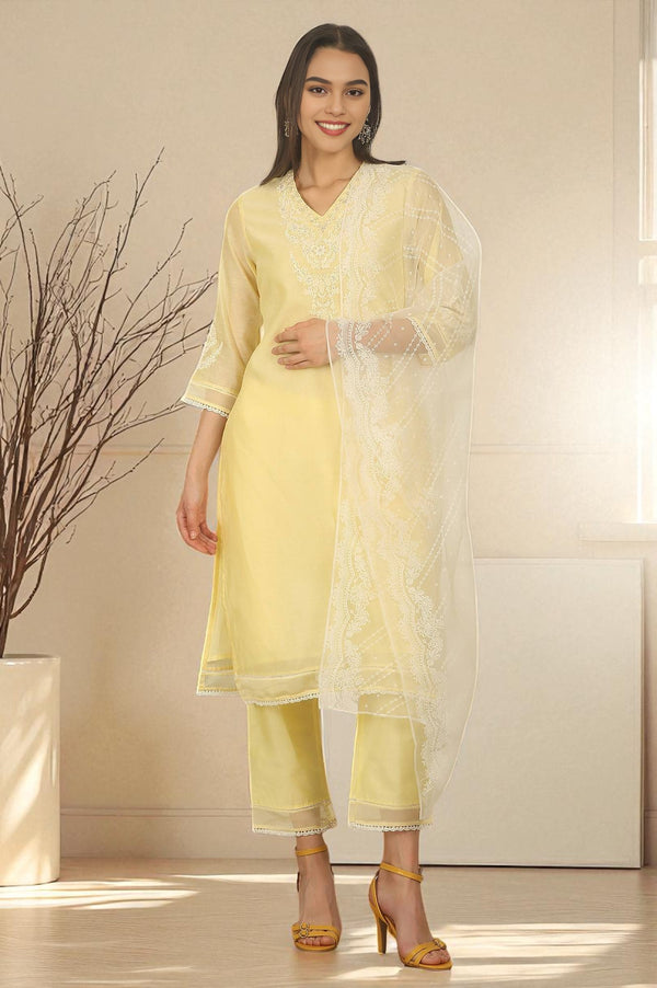 Lemon Yellow Embroidered Chanderi A-line Kurta, Pants and Dupatta Set