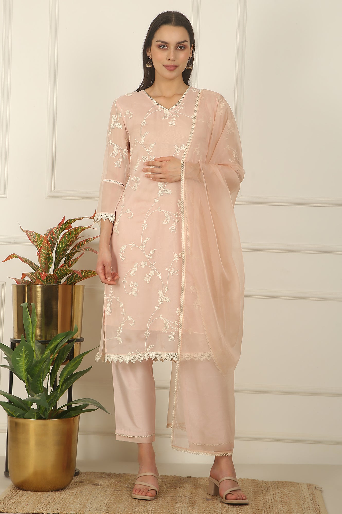 Light Pink Embroidered Organza Kurta, Pants and Dupatta Set