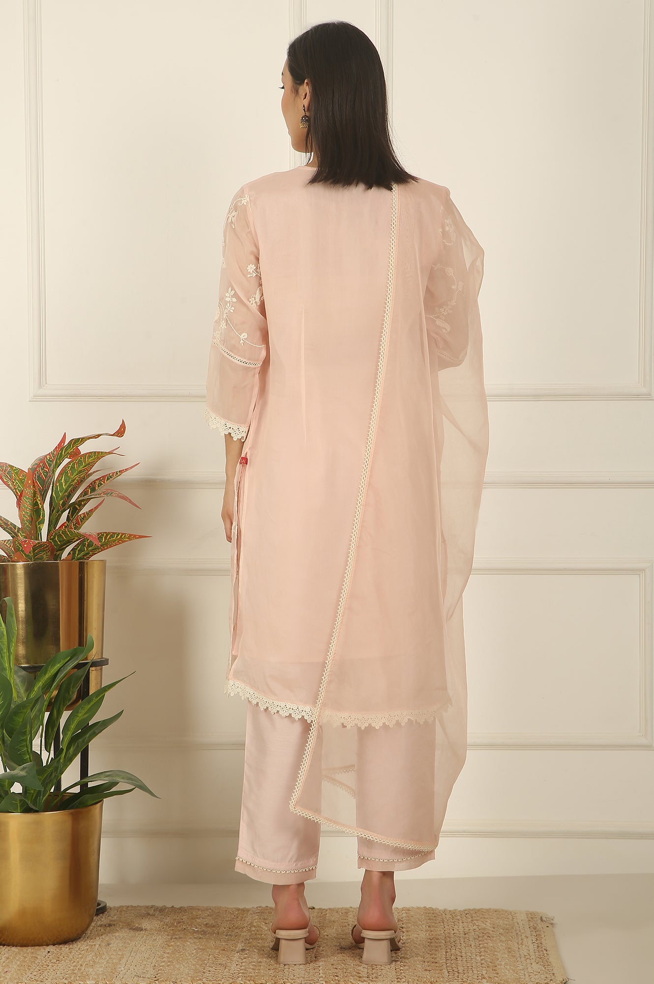 Light Pink Embroidered Organza Kurta, Pants and Dupatta Set