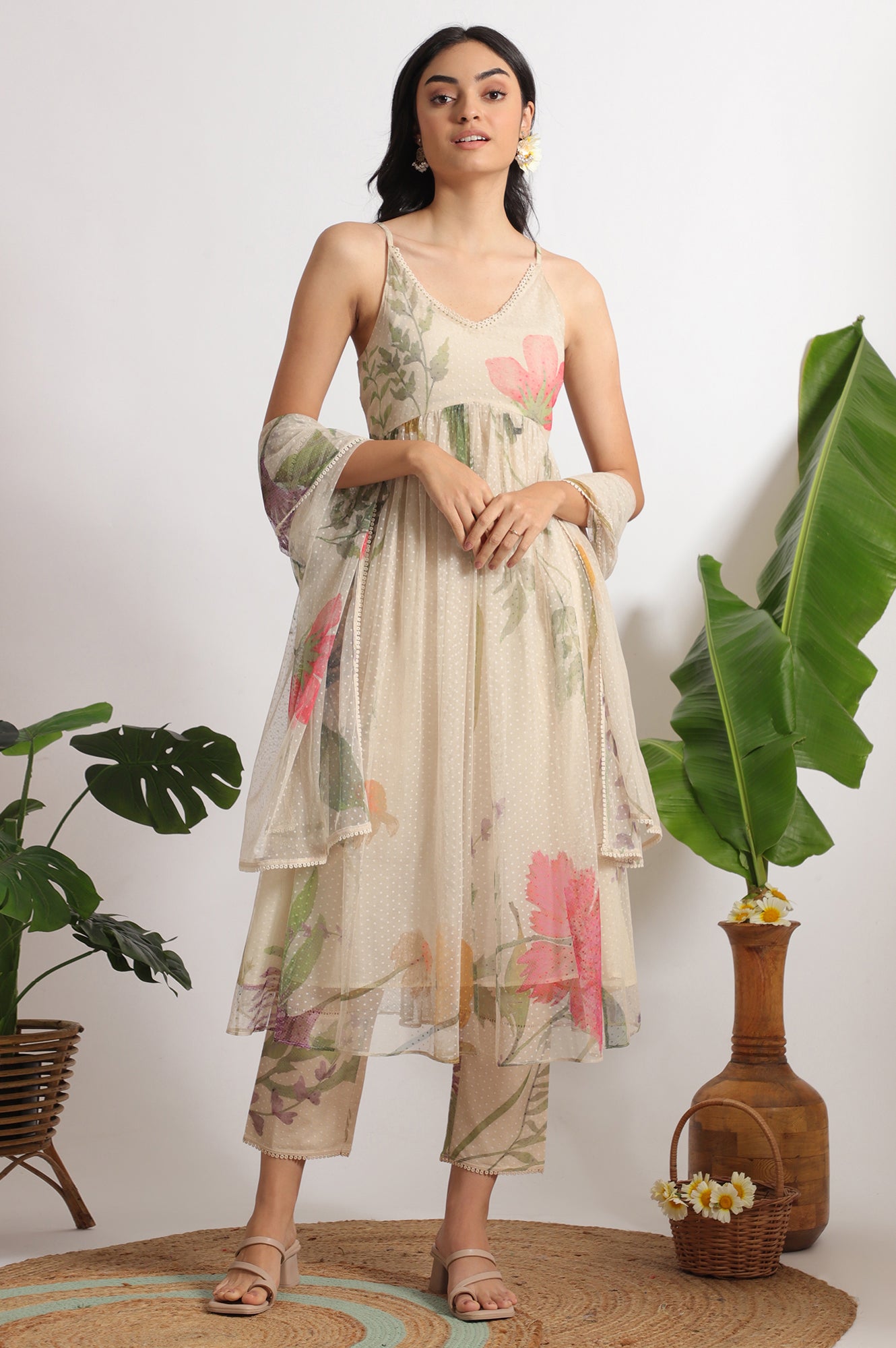 Light Beige Floral Printed Swiss Dot Net Spaghetti Flared Kurta, Pants and Dupatta Set