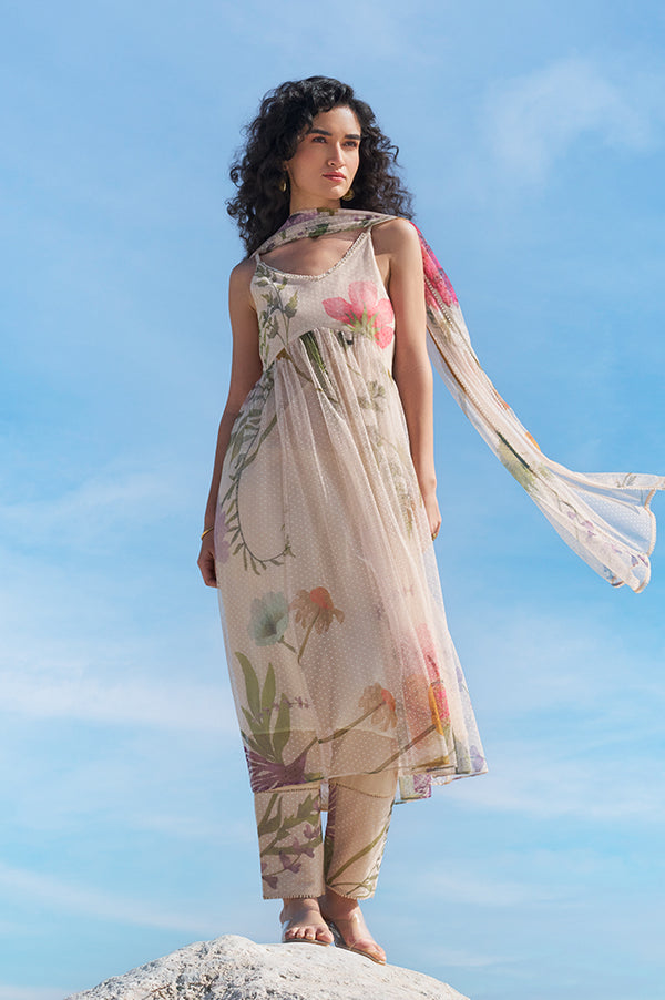 Light Beige Floral Printed Swiss Dot Net Spaghetti Flared Kurta, Pants and Dupatta Set