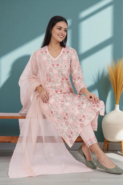 Pink Embroidered Lace Pure Cotton Straight Kurta &amp; Straight Pant With Dupatta Set