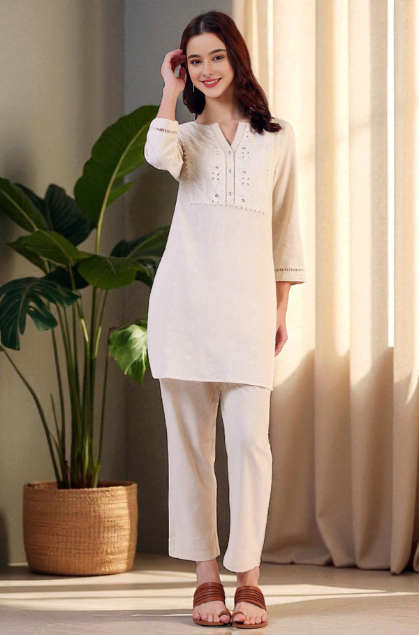 Light Beige Schiffili Embroidered Cotton Flax Short Kurta and Straight Pants Co-ord Set