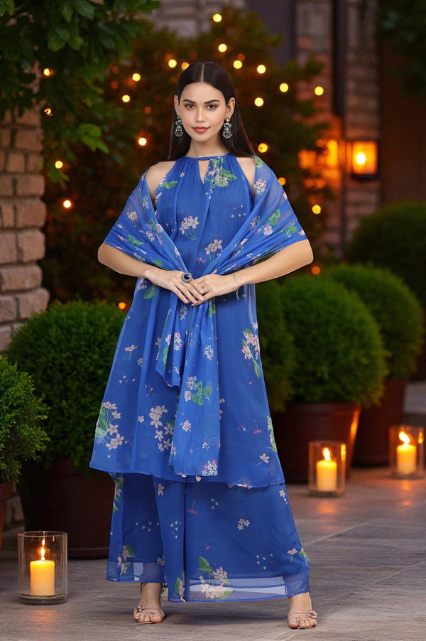 Blue Floral Printed Halter Neck Chiffon Kurta with Flared Pants and Dupatta Set